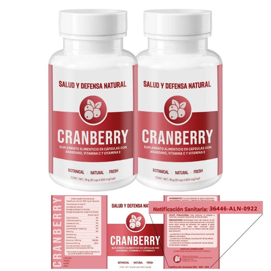 Cranberry Suplemento 2 Frascos de 30 Cápsulas, Arándanos, Antioxidante, Infecciones Urinarias, Salud Femenina